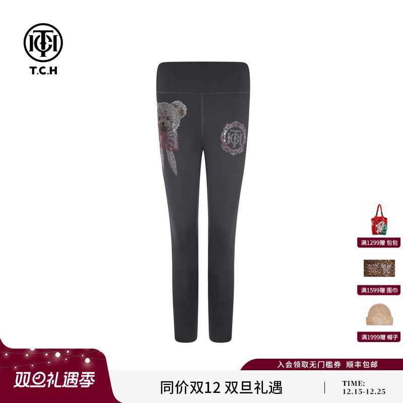 TCH私服烫钻洋气修身显瘦瑜伽裤加绒打底裤女秋冬新款T75D23E1056