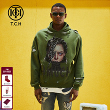 TCH 轻奢潮牌卫衣男连帽烫钻新款秋破洞套头帽衫T69B128002