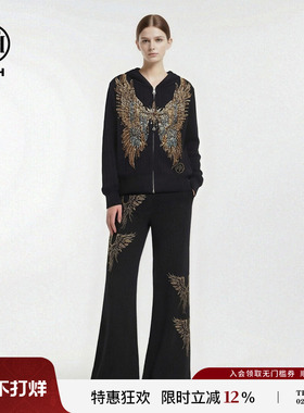 TCH时尚烫钻翅膀黑色休闲连帽拉链外套长裤潮流套装女T78A07E1081