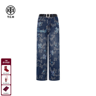 新款 女25秋季 T75C20E5112 高腰显瘦直筒牛仔裤 TCH私服烫钻印花韩版