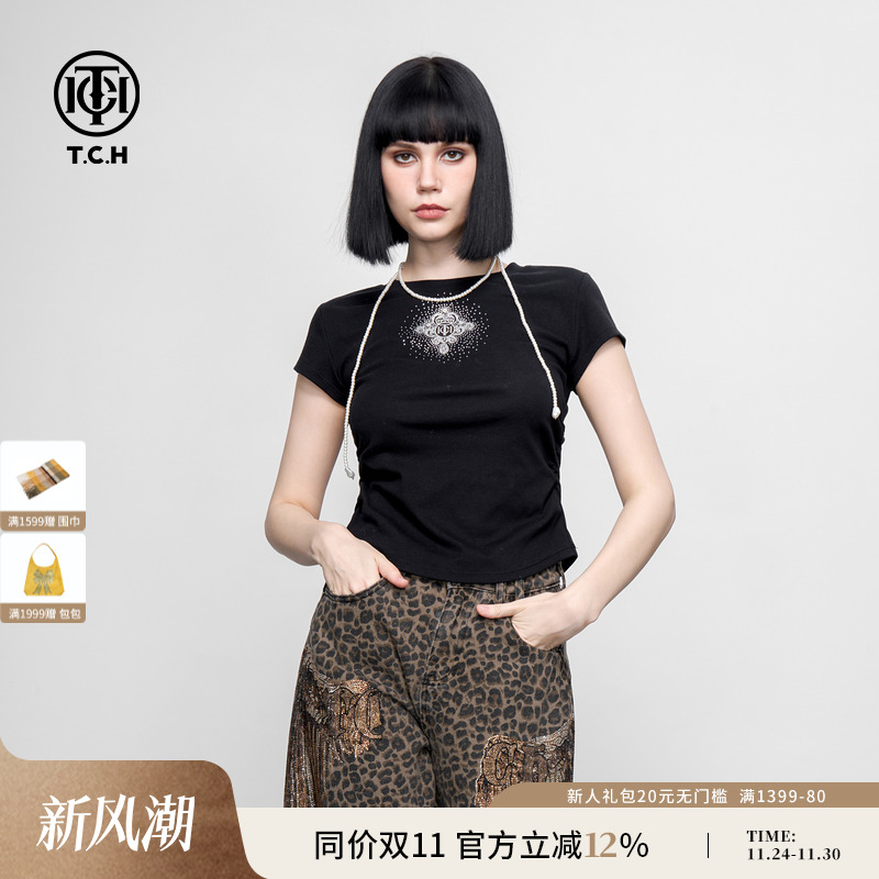 TCH甜酷时尚百搭显瘦辣妹正肩小飞袖烫钻短袖T恤女2025春夏新款