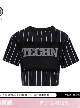 TCH轻奢烫钻时尚休闲设计感短袖T恤条纹字母短上衣女T75B10B1063