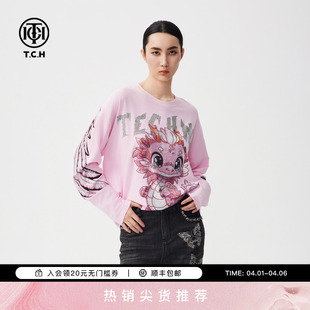 烫钻长袖 T恤女潮牌宽松休闲套头卫衣男T72C086012 新款 TCH春季