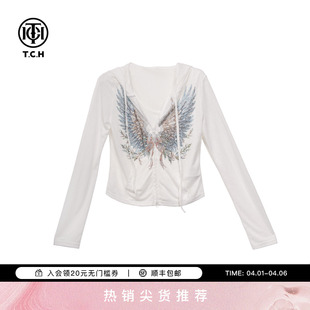 TCH2026春夏新款 烫钻白色修身 连帽卫衣开衫 外套女T78B12E1003 时尚
