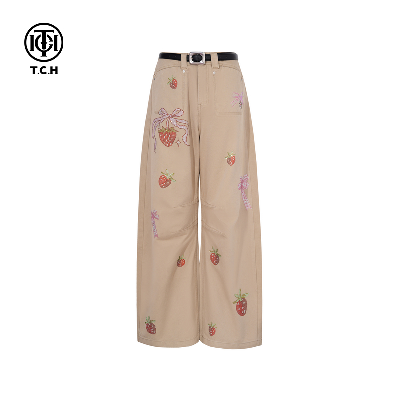 【张真源同款】TCH高腰阔腿宽松草莓牛仔裤女2025新款T75C20E5040