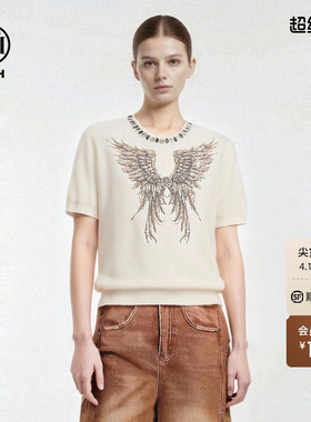 TCH【100%绵羊毛】时尚烫钻米色圆领针织短袖T恤女T78A09E1077