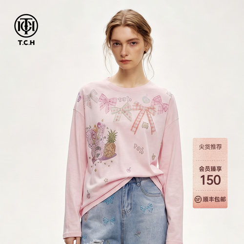 甜美少女风落肩蝴蝶结长袖T恤女