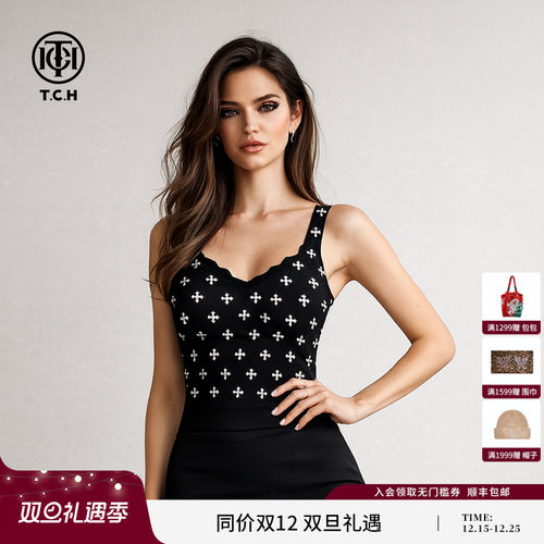 TCH欧式十字烫钻高级感黑色保暖带胸垫吊带背心可外穿T72C03E5022