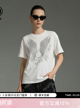 TCH日常休闲宽松卷边袖烫钻翅膀短袖T恤女2026春新款T78A10E1017