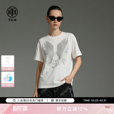 TCH日常休闲宽松卷边袖烫钻翅膀短袖T恤女2026春新款T78A10E1017