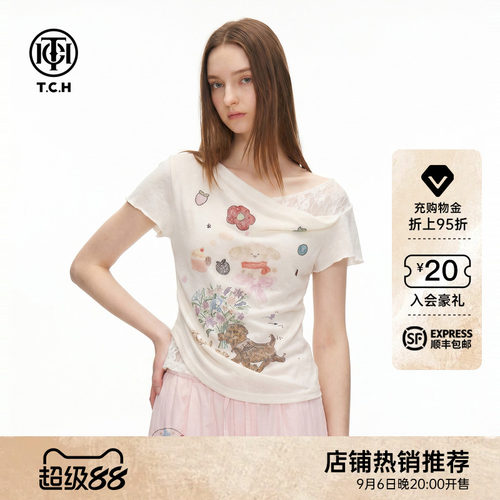 烫钻蕾丝拼接斜肩短袖T恤女