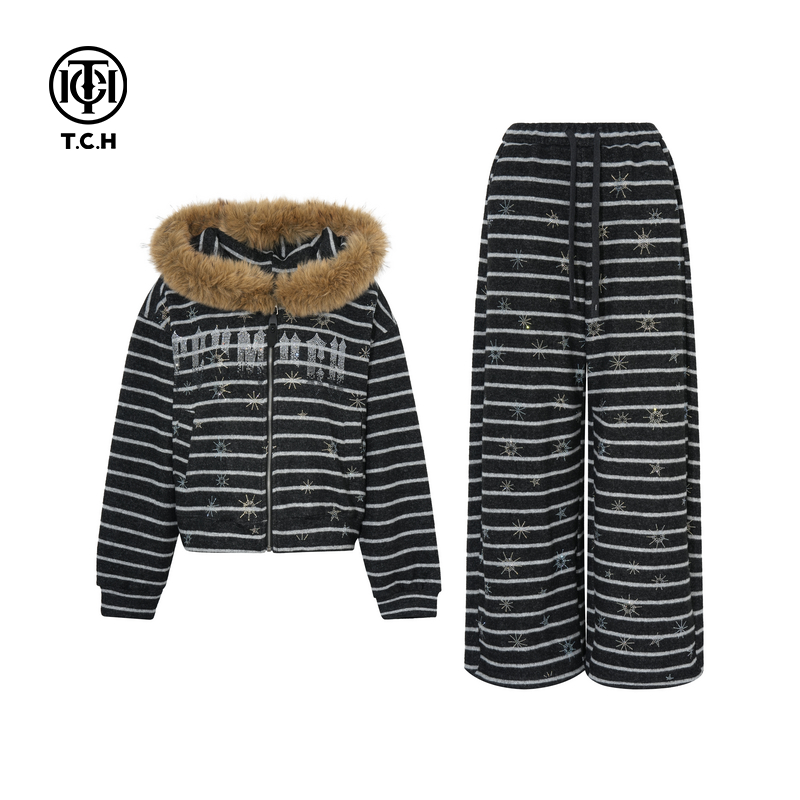TCH私服烫钻25秋冬新款宽松条纹连帽外套休闲裤套装女T75D07E1008