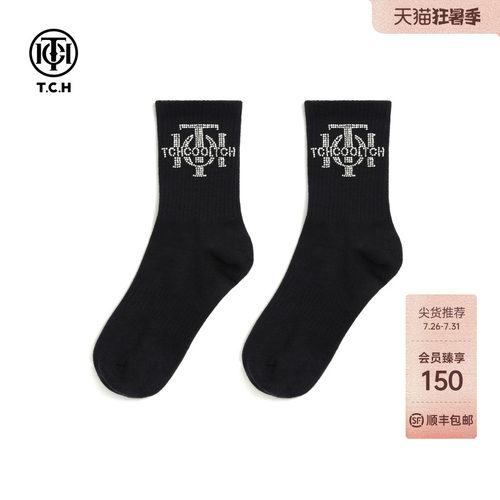 TCH轻奢LOGO烫钻烫钻工艺时尚休闲百搭中筒袜子女T78B55E5001