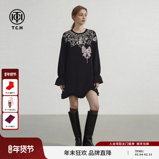 TCH2026春夏新款烫钻气质复古浪漫风黑色长袖连衣裙女T78A30E1017