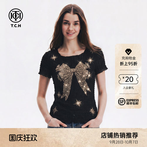TCH烫钻蝴蝶结方领短袖T恤女