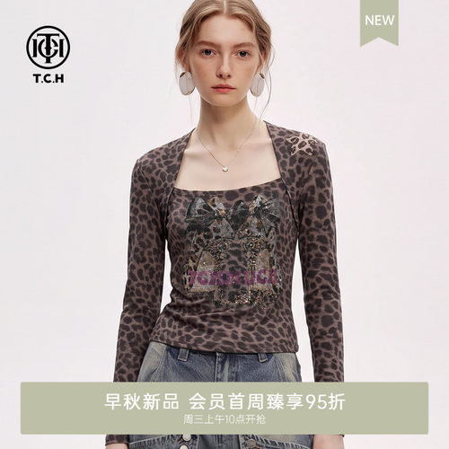辣妹复古豹纹方领长袖T恤女