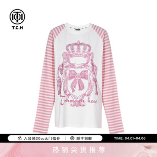TCH轻奢潮牌烫钻条纹撞色插肩袖 T恤女T75C08E9021 休闲宽松长袖