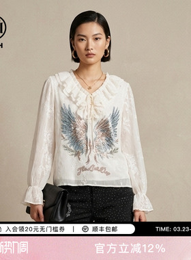 TCH温柔风宽松长袖衬衫女烫钻翅膀荷叶边雪纺上衣T78A13E1065