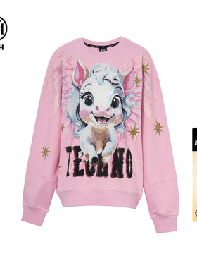 TCH时尚潮牌2026春夏新款卡通烫钻粉色圆领长袖卫衣T75C11E9012