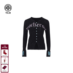 TCH私服轻奢时尚 上衣女T75A09E5006 字母烫钻工艺百搭针织开衫