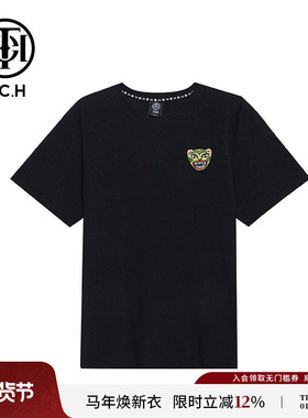 TCH 轻奢潮牌短袖T恤烫钻虎头极简春夏男女黑色T69A106188