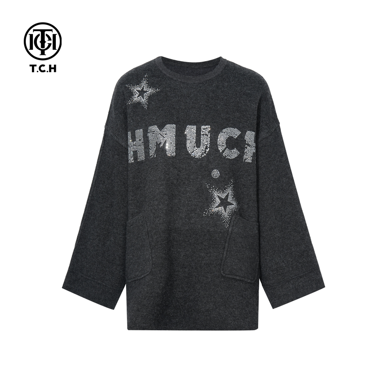 TCH轻奢秋款慵懒风烫钻时尚休闲百搭款灰色针织衫女T75C09E5149X