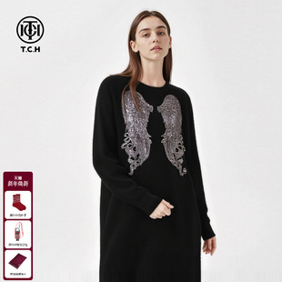 TCH日常通勤百搭宽松烫钻蝴蝶黑色长袖 针织连衣裙女T75D30E1055