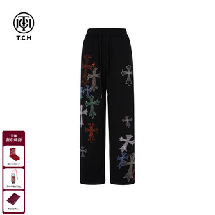 T75C20E5076 秋款 TCH轻奢潮牌十字架烫钻黑色运动裤 直筒休闲长裤