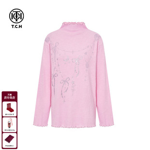 女T75D09E1066 半高领减龄针织衫 TCH私服25秋冬新款 慵懒风烫钻时尚