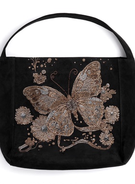 TCH-时尚潮牌蝴蝶花卉logo烫钻黑色手提包T72C40E9001