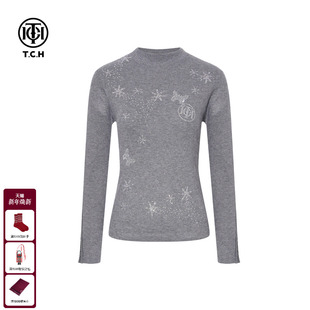 女T75D09E1163 显瘦打底针织衫 TCH时尚 烫钻灰色休闲气质百搭修身