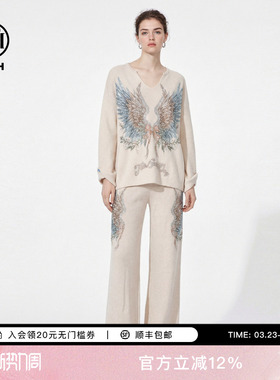 TCH羽翼烫钻慵懒风宽松V领针织衫阔腿裤针织套装女T78A07E1129