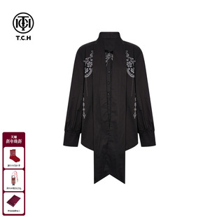 TCH烫钻蝴蝶结设计感翻领飘带时髦百搭宽松衬衫 上衣女T75D13E1002