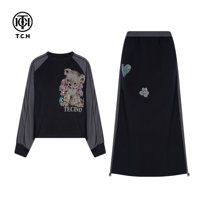 TCH轻奢时尚潮牌小熊爱心烫钻撞色时尚卫衣半身裙套装T75C07E1022