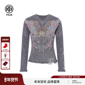 显瘦针织衫 TCH时尚 百搭烫钻设计感蕾丝V领修身 上衣女T75D09E1173