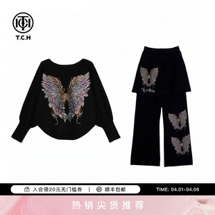 TCH宽松蝙蝠袖 女假两件阔腿裤 黑色套装 T78A07E1049 烫钻蝶翼针织衫
