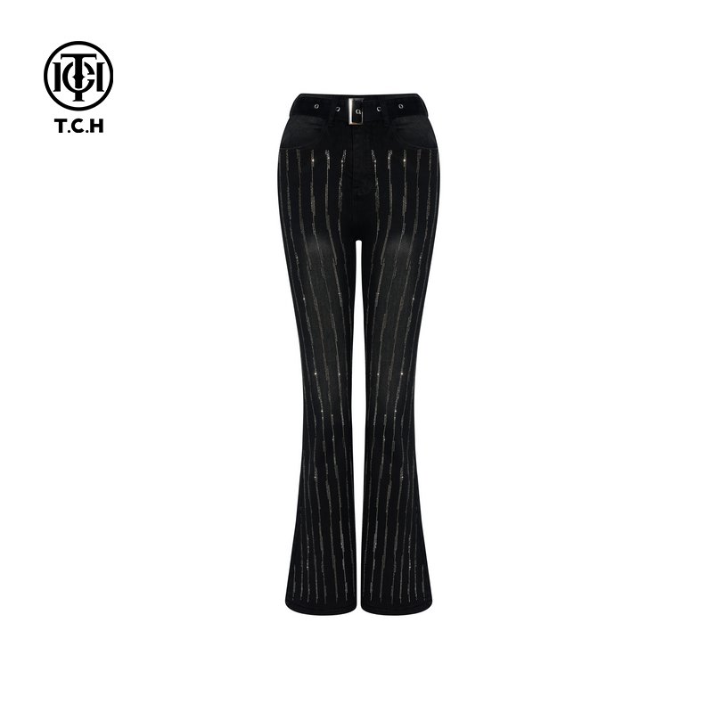 TCH私服烫钻25秋冬新款黑色修身显瘦微喇薄绒牛仔裤女T75D20E1008
