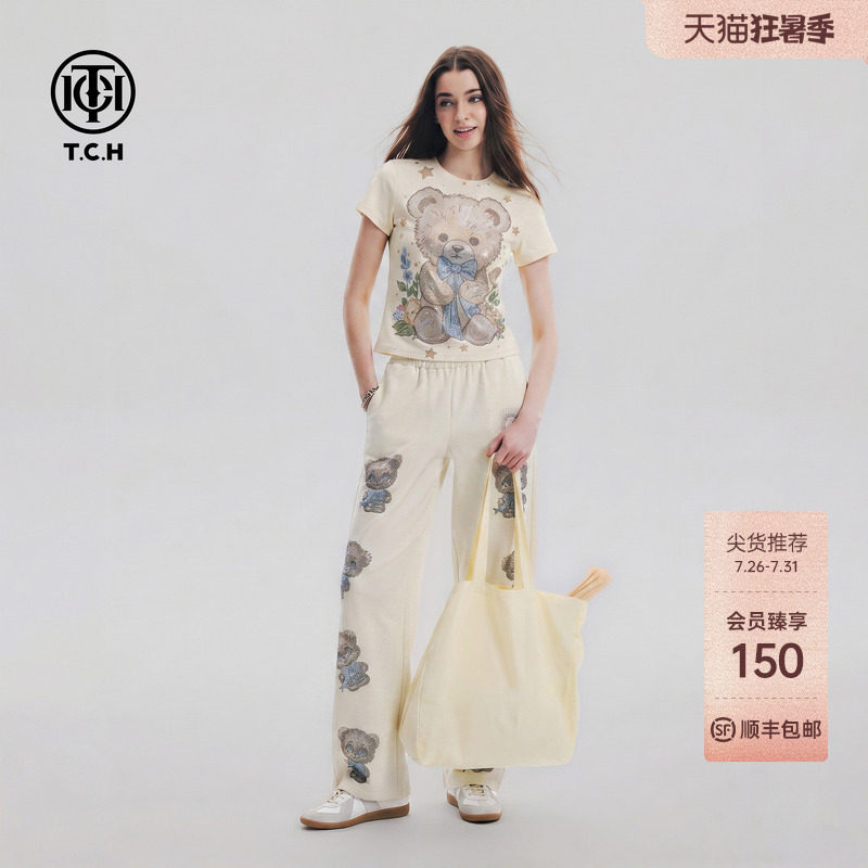 TCH时尚潮牌减龄短袖T恤女阔腿裤两件套重工烫钻小熊休闲百搭套装