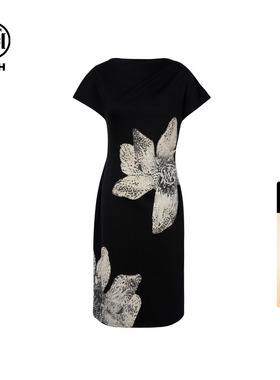 TCH轻奢潮牌高定花卉烫钻斜肩一字肩黑色收腰连衣裙女T75B30E1152