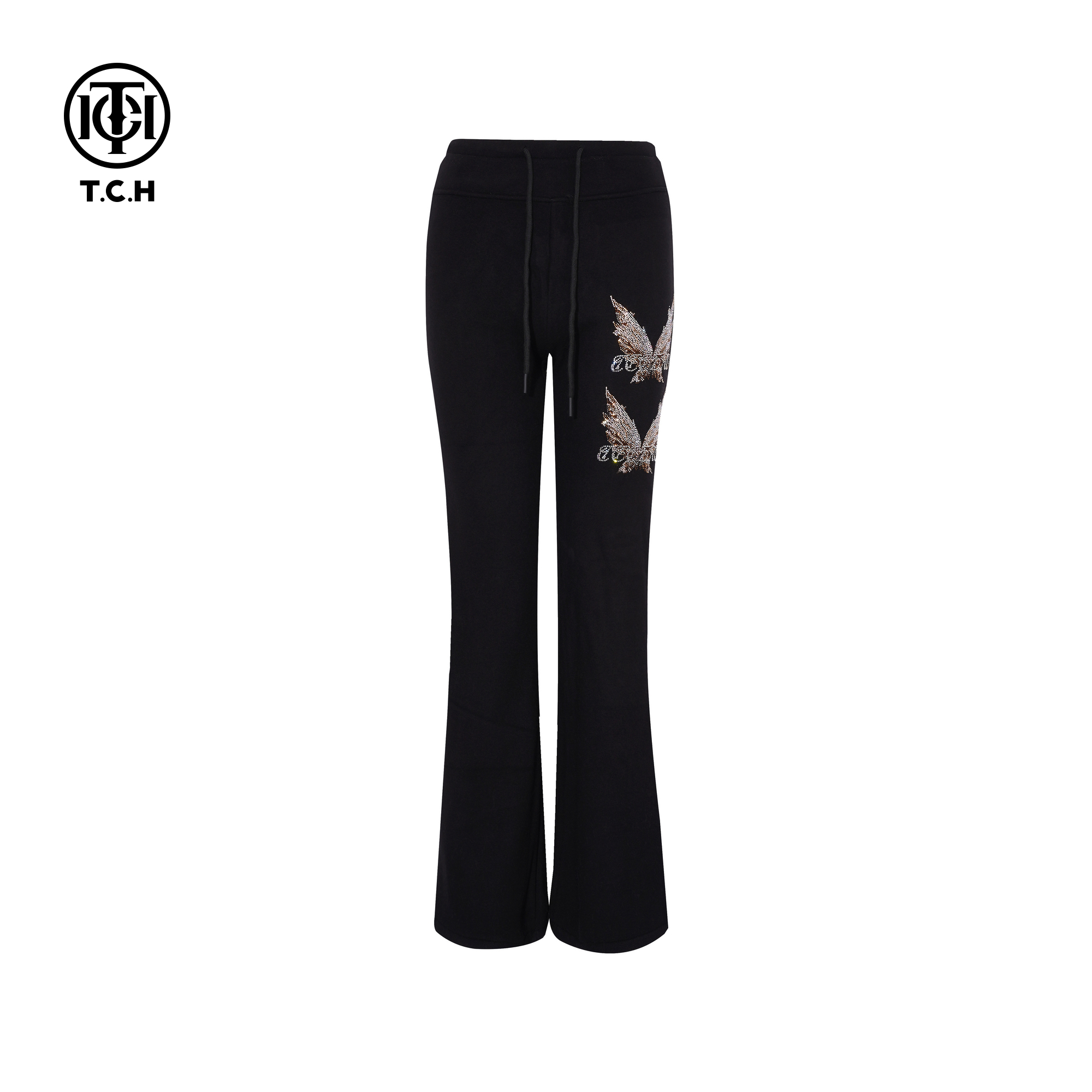 TCH蝴蝶烫钻百搭显瘦黑色加绒修身微喇裤女2025冬新款T75D20E1172