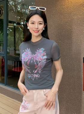 TCH2026春夏季新款翅膀烫钻深灰色修身百搭短袖T恤女T78A10E1053