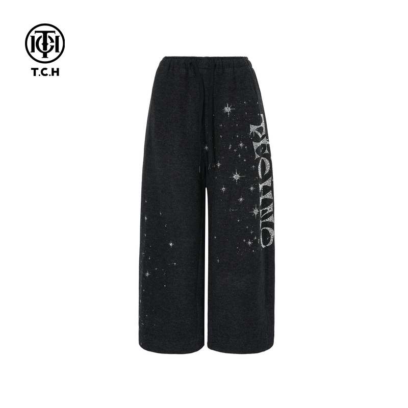 TCH轻奢烫钻满天星字母休闲阔腿裤百搭显瘦直筒长裤T75C20E5168X