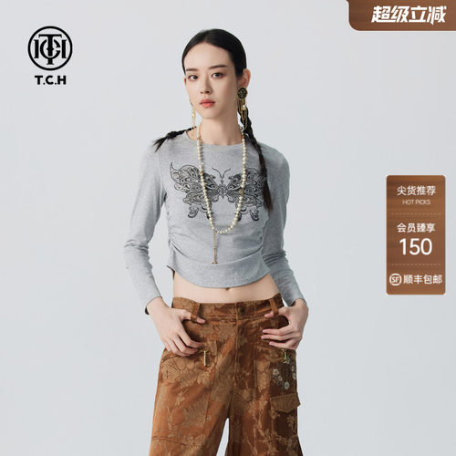 TCH秋新款烫钻蝴蝶长袖T恤女时尚收腰显瘦打底衫T72C086001