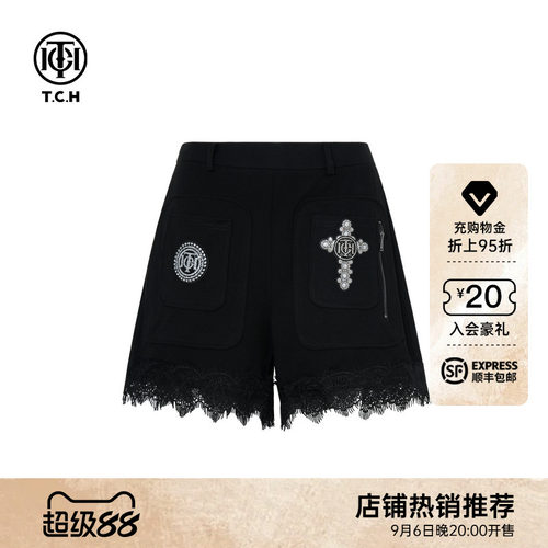 TCH烫钻潮牌辣妹时尚蕾丝边宽松短裤女2026早秋新款T75C21E9001