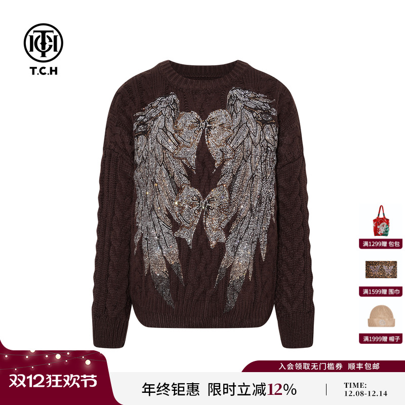 TCH私服咖色慵懒针织衫宽松套头毛衣女2025秋冬新款T75D09E1177