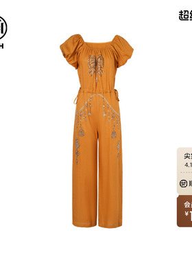 TCH烫钻亚麻时尚休闲气质泡泡袖圆领连体裤女夏季T75B20E5219