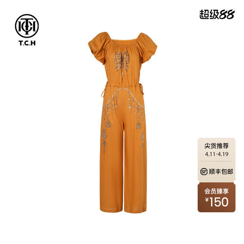 TCH烫钻亚麻时尚休闲气质泡泡袖圆领连体裤女夏季T75B20E5219