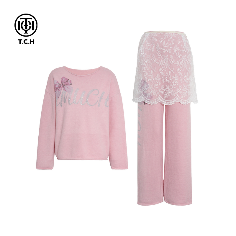 TCH私服烫钻时尚温柔气质毛针织衫宽松长裤粉色套装女T75C07E1111