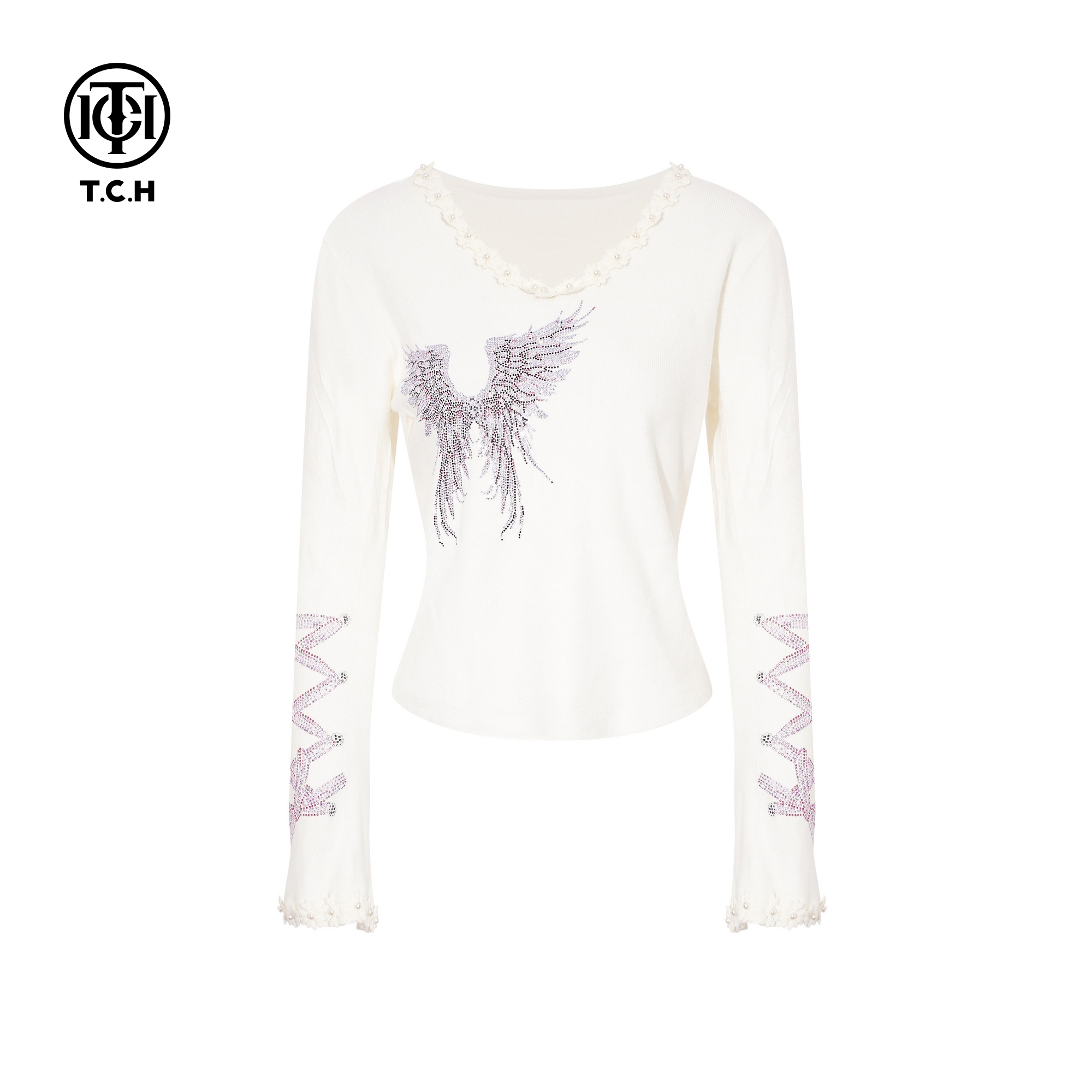 TCH2025秋冬时尚针织衫女烫钻米色修身显瘦长袖打底衫T75D09E5045