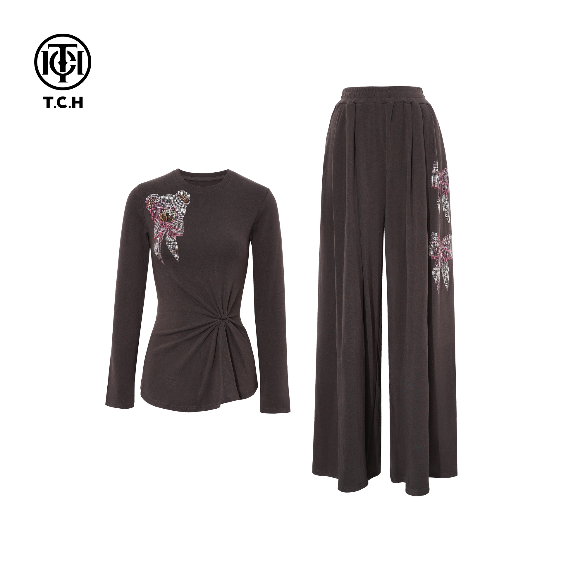 TCH百搭时尚设计感烫钻气质百搭收腰上衣休闲裤套装女T75D07E1066